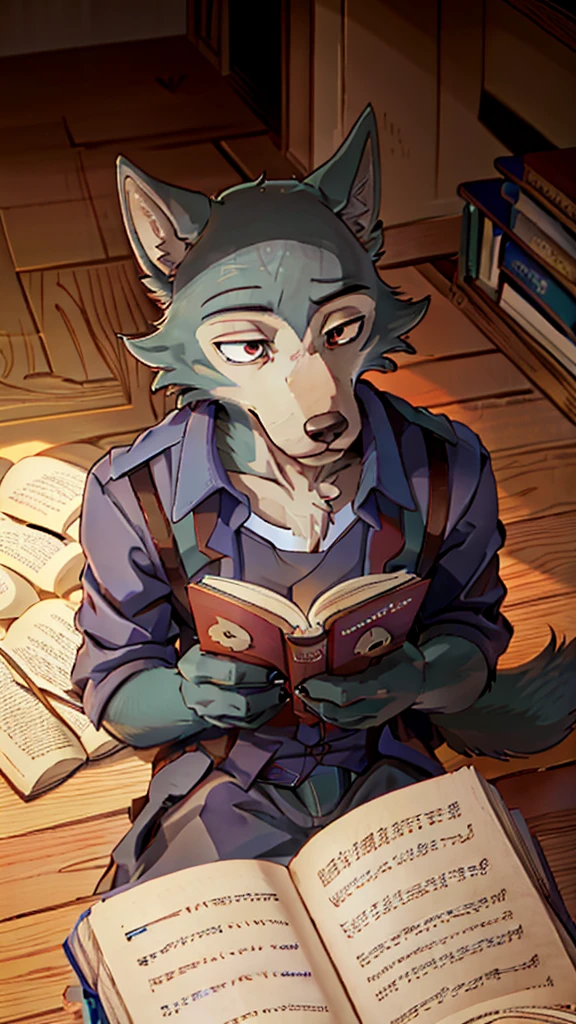 furry wolf, anthropomorphic furry, legoshi, Beastars, reading book, reading a lot of books, total focus, super focus on reading, many books around, top view angle, character focused lighting, anime style, good image quality, FULL HD.
