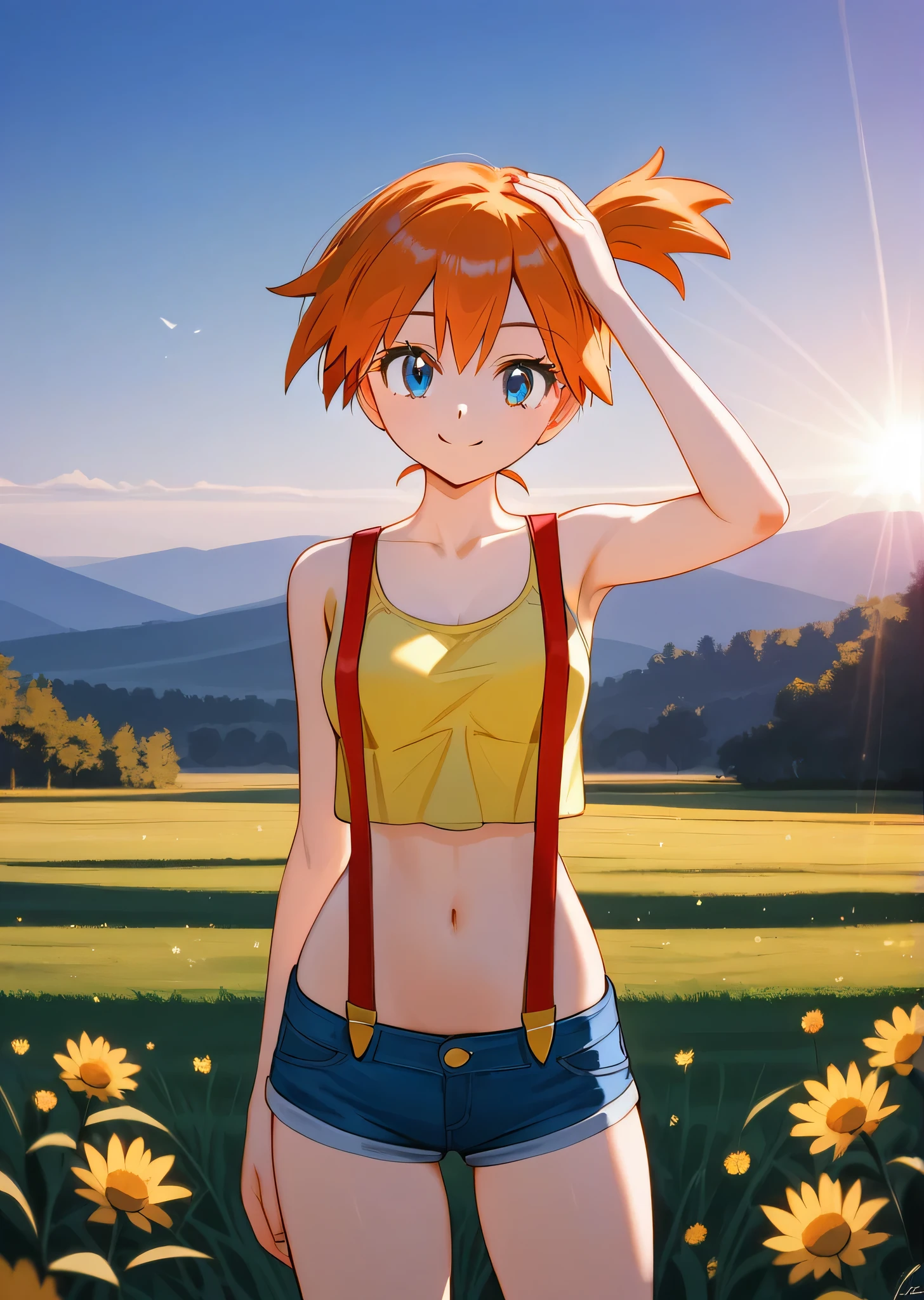 [Misty_(Pokemon)], ((masterpiece)), ((HD)), ((high res)), ((cute anime aesthetic)), ((detailed shading)), ((solo portrait)), ((waist up)), ((front view)), {(athletic figure), (short orange hair), (side polytail), (cute blue eyes), (short eyelashes), (curvy hips), (beautiful toned legs), (cute smile)}, {(yellow tank top), (navel), (blue denim short shorts), (red suspenders)}, {(standing), (hand on head), (looking at viewer)}, [ambient lighting, grass plains, sun rays]