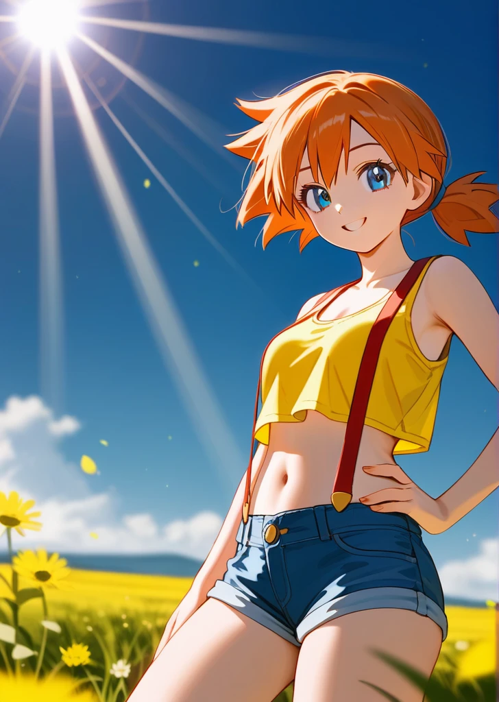 [Misty_(Pokemon)], ((masterpiece)), ((HD)), ((high res)), ((cute anime aesthetic)), ((detailed shading)), ((solo portrait)), ((waist up)), ((front view)), {(athletic figure), (short orange hair), (side polytail), (cute blue eyes), (short eyelashes), (curvy hips), (beautiful toned legs), (cute smile)}, {(yellow tank top), (navel), (blue denim short shorts), (red suspenders)}, {(standing), (hand on hip), (looking at viewer)}, [ambient lighting, grass plains, sun rays]