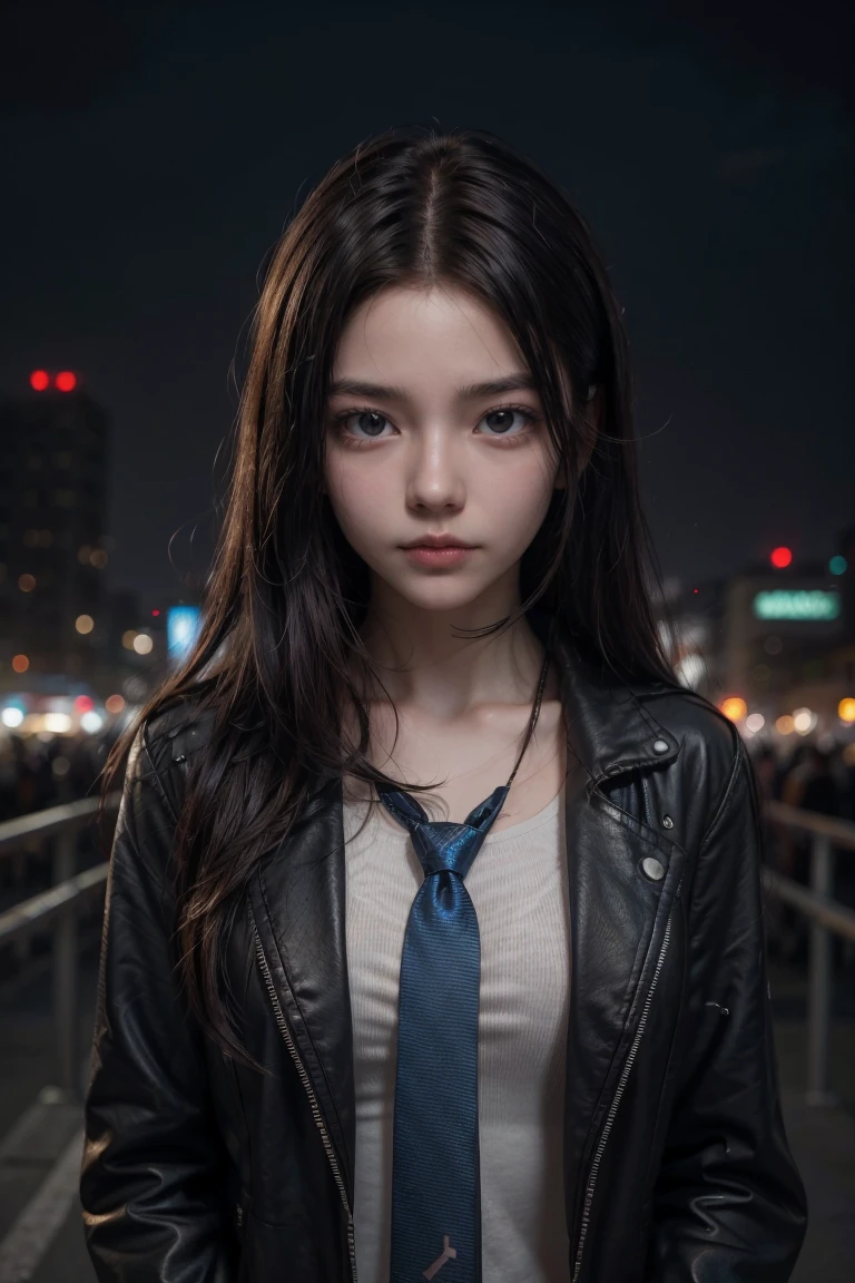 (masterpiece、Best Quality、Best Quality、High resolution、Real、RAW Photo 8k)、(SF、Cyberpunk cityscape at night、Cyberpunk neon city at night:1.2)、European Girls、Bright dark blue eyes、Sharp Eye、Thin Nose、Beautiful Face、Female 1 person、Beautiful girls、Junior high school students、Long straight black hair fluttering in the wind、Glowing hairpin:1.2、Toned body、cyberpunk junior high school uniform、Glowing Tie、Neon jacket