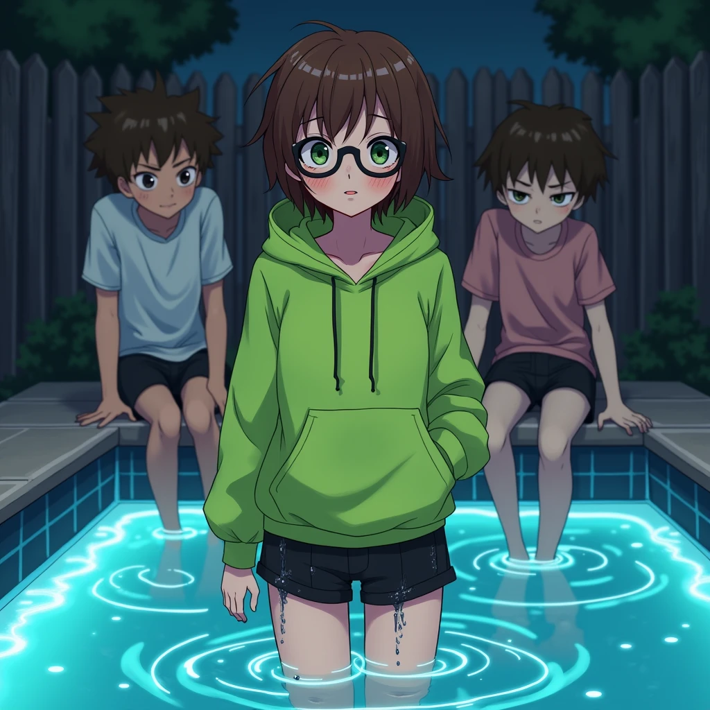 Sitting nudist girl with glasses、My best friend, a naked elementary school boy, touches me a lot.、surround each other'face、group selfie、dynamic angle、footbath、