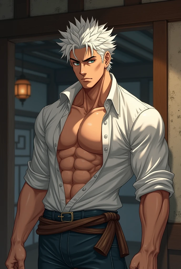 Best quality, masterpiece, ultra high res,detailed background,solo,male,bara,muscular,facial hair,mature male,thick thighs,looking at viewer,((naked under coat)),((alley)) ,photo of muscular bearded (man) in a worn ((skin-revealing skimpy erotic white coat)), big arms, large bulge, erotic, exuding sexual energy, homoerotic, sharp focus, photo by greg rutkowski, soft lighting, (masterpiece), (detailed face), light smile,((no clothes)),((naked under white coat))