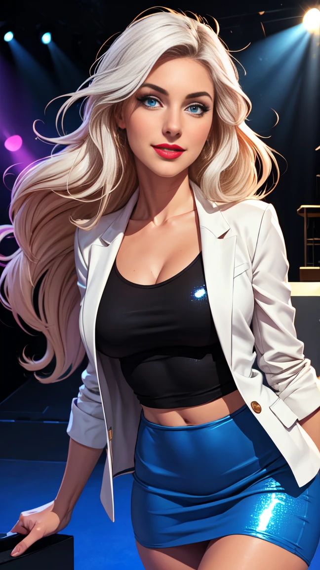 artwork, fine art, professional artist, 8k, very detailed face, very detailed hair, 1 woman, perfectly drawn body, beautiful and detailed face, long hair, messy white hair, very detailed blue eyes, intricate details in the eyes, smile, looking directly at the viewer, lipstick, jewelry, (wears: women's white blazer, black top, blue pencil skirt with sequins), stage, under spotlight, random pose, concert environment, thick thighs, cartoon, digital painting