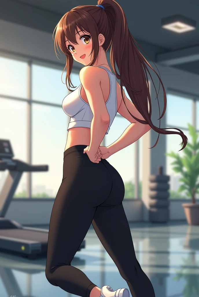 a 20 year old girl (long brown hair) (gym clothes) (from back)