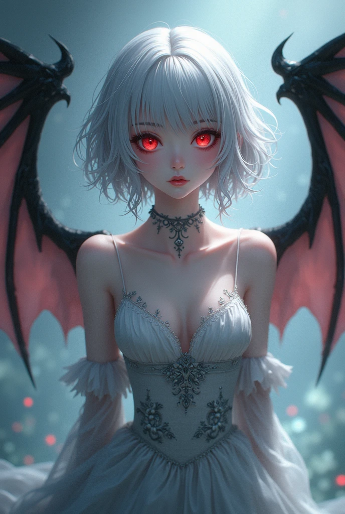 vampire Girl Pale blue, medium length Red eyes It has wings A hat with frills She is wearing a light purple dress with a hint of pink. The skin area is small White skin Small breasts