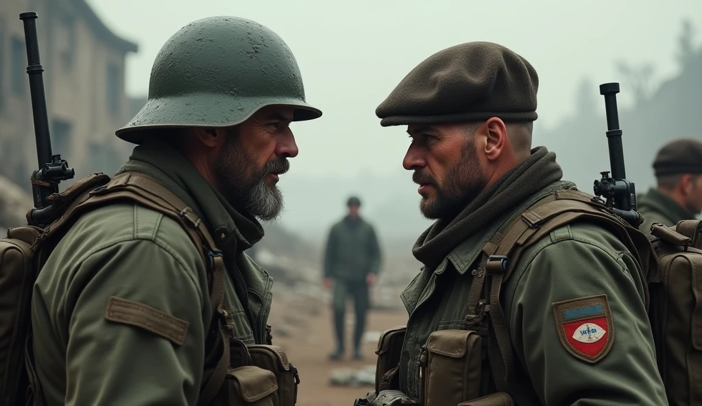 Dois homens com uniformes militares conversam entre si, Band of Brothers, 1/4 perfil, 3/4 perfil, Salvando o soldado Ryan, ainda de um filme live action, cena do filme live action, Soldados dos EUA, Foto de perfil, profile close-up view, Soldados, Imagens de guerra, ww 2, ww 2, Situado em WW2, Alemanha, Wwii