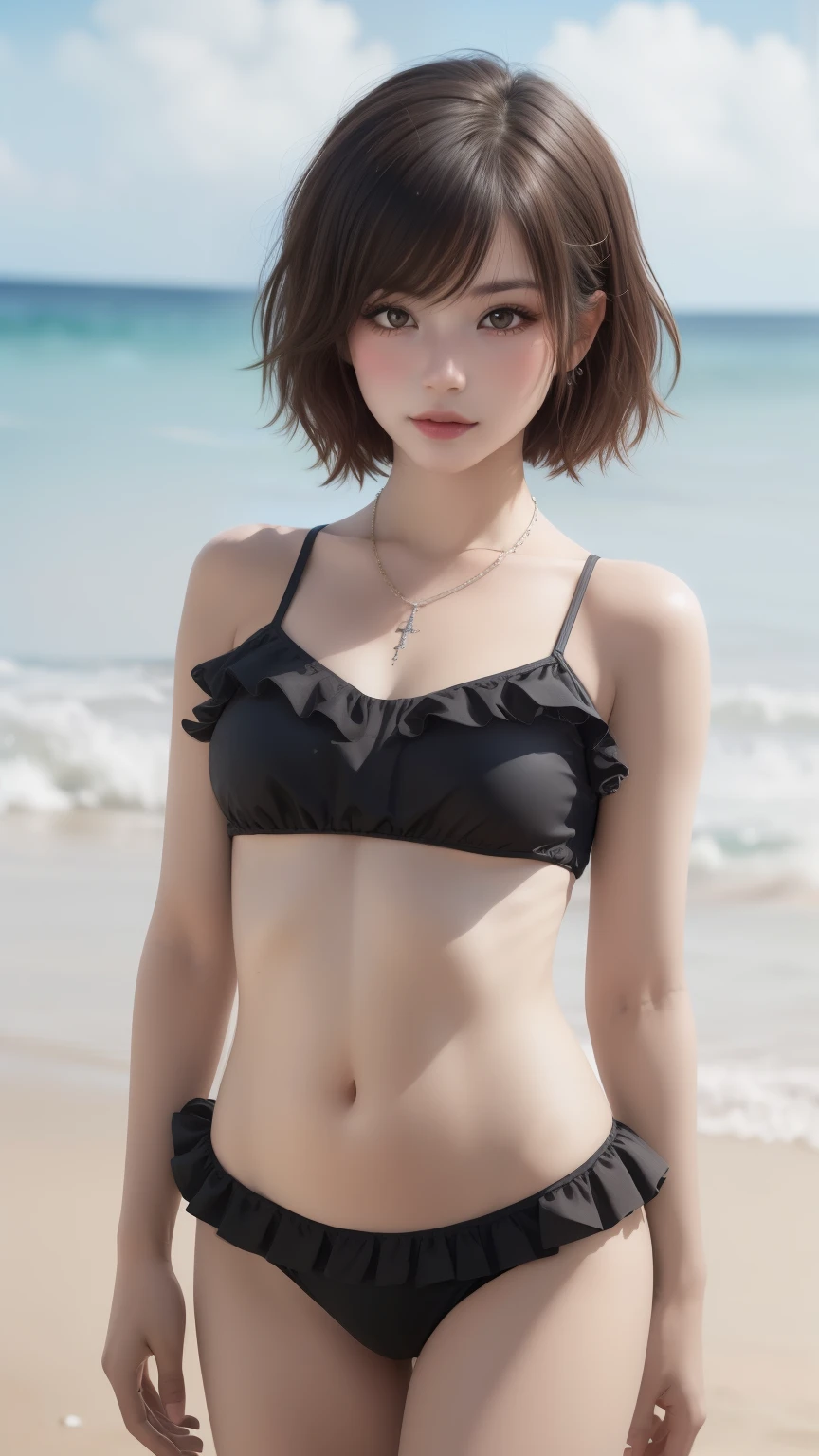 (highest quality, soft light, ultra high resolution, 8K), (realistic:1.4), Raw photo, pretty girl, alone, (, short:1.3),(High resolution details of human skin texture), (jirai kei, gyaru, bikini, frills, beach), short hair,necklace, looking at the viewer, in the center of the image, cowboy shot, dutch angle,