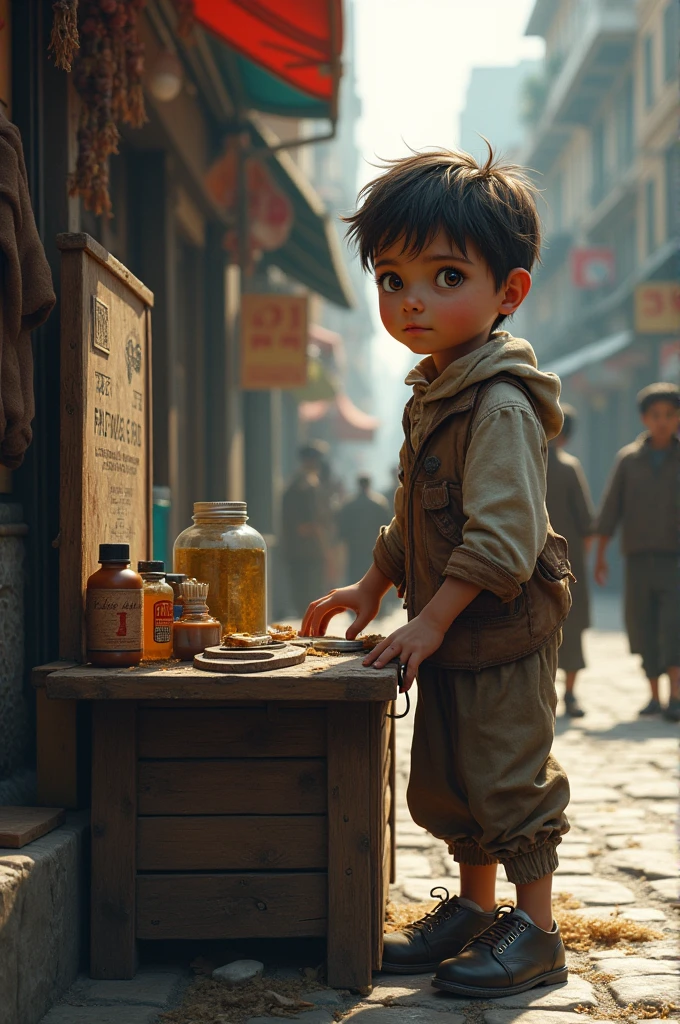 Create a image of poor boy with tea pot