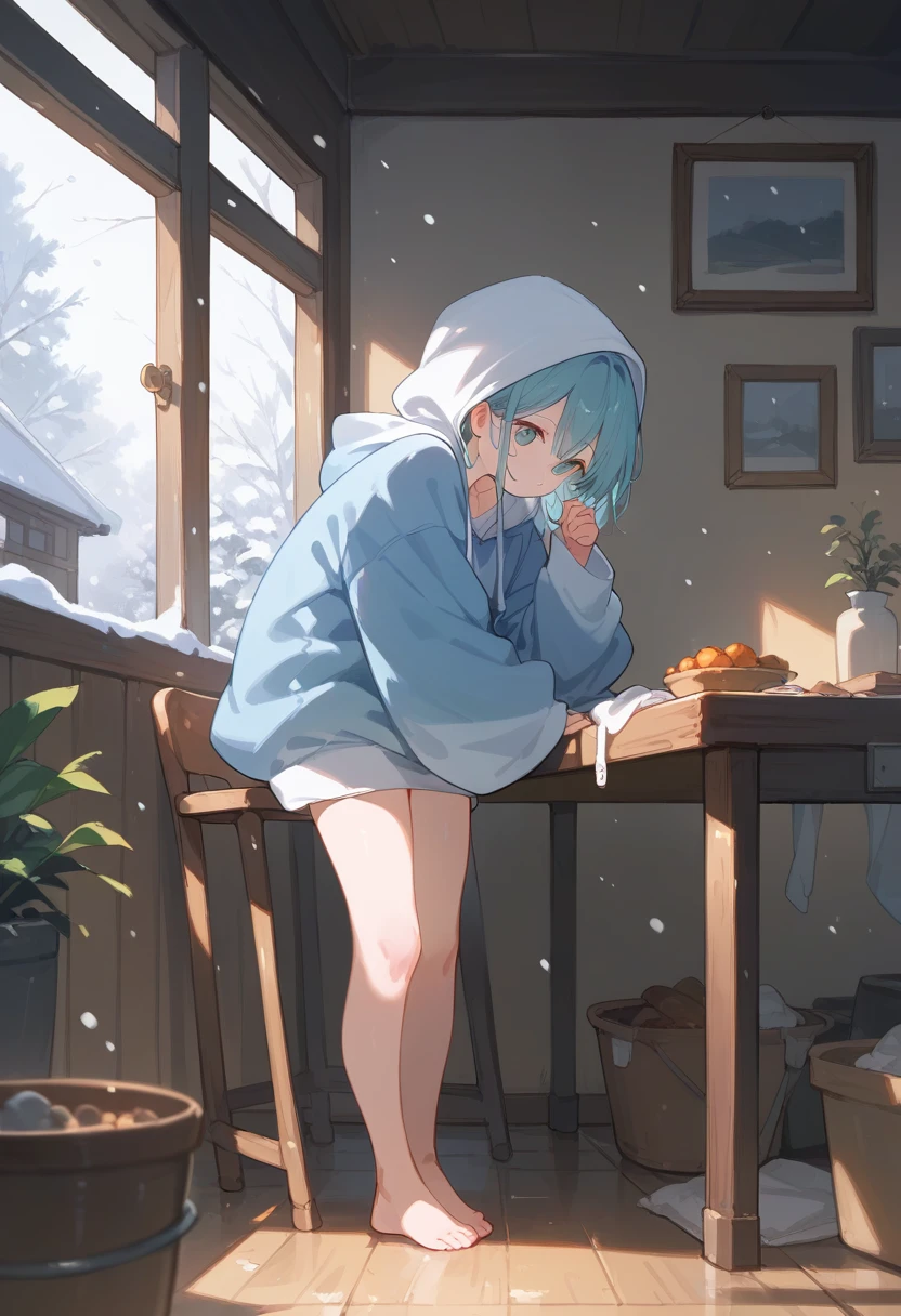  girl, oversized hoodie, underwear, full body, stting on table, inside house, snowing outside 