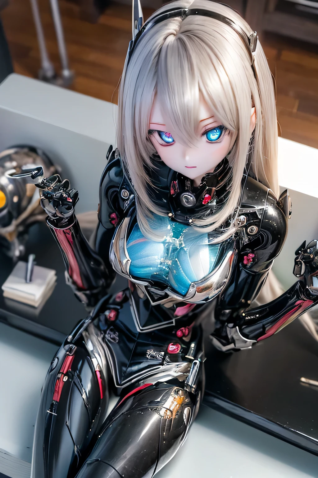 (SFW:2), photorealistic, realistic photo, 8k, ((highest quality)), ((masterpiece)), (extremely detailed), kukolnydom, doll, mecha musume, mechanical parts, robot joints, head gear, bodysuit, (from above, mature woman, 21yo, 2, solo:1.6), (lying on work table, plastic skin, looking at another, glass eyes, gradient eyes, shining eyes, detailed eyes:1.3)