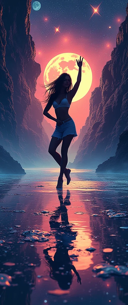 moody 3D render showing the silhouette of a beautiful woman making interesting poses and shapes, standing in an epic scenery, clean, minimalistic synthwave aesthetic photonegative refractograph, warm colors, high contrast,anatomical correct:2