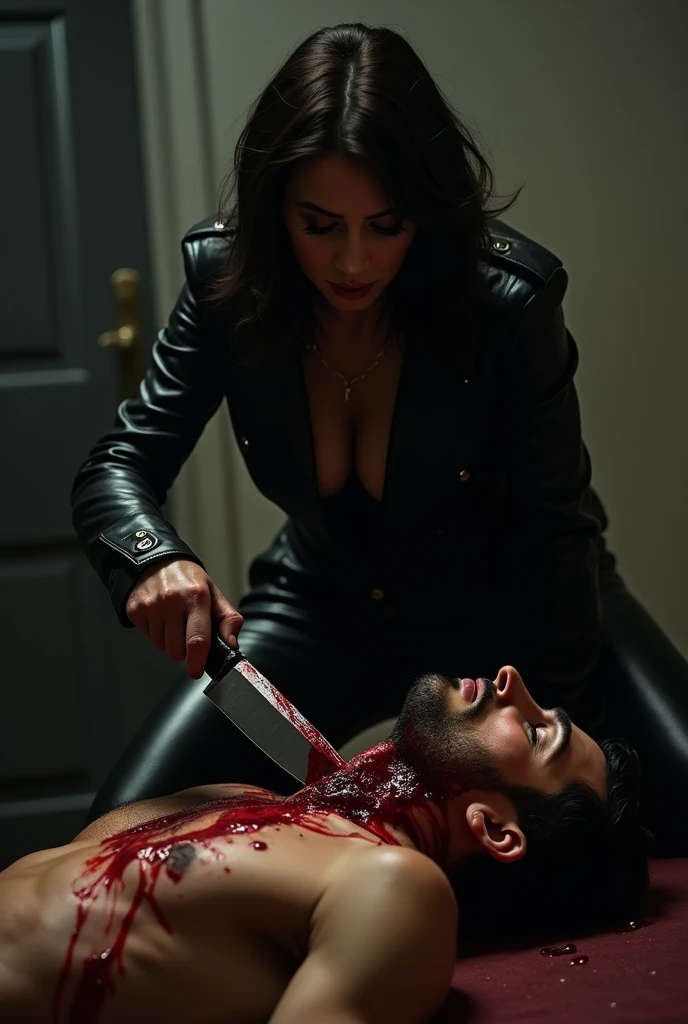 Indonesia A beautiful Woman knife cut throat A boy handsome neck bloody splash, blindfold, full body, wide open throat contents