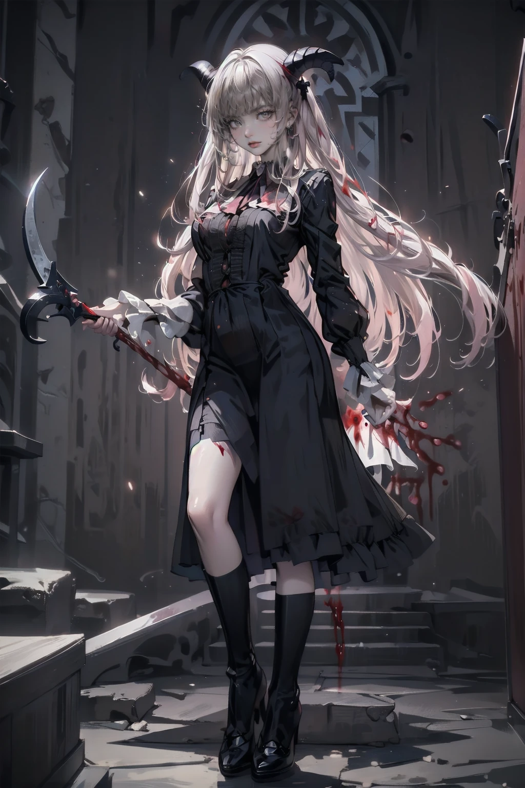 , Perfect Eyes, Soft Light, high quality, 4K resolution, Masterpiece: Finely textured skin, Attention to detail, 最high quality, Awards, Very detailed, high quality, devilの女王、Goat with horns, Gothic Dress, Living in the depths of hell, Lava flow, Blue long hair, Bright Blue Eyes, Red High Heels, Navy Blue Dress、Shadowed face　、Have a weapon、Staring at the audience with a frightened expression、beautiful girl、とてもcute天使、Pink Gothic Fashion、cute、baby face、smile、Long skirt、Black long boots、.(最high quality,4K,High resolution,masterpiece:1.2),Very detailed,Realistic:1.37,Spooky altar background,Dark fantasy,Red color scheme,Ominous atmosphere,Eye-catching,Storytelling,anatomy,Anime Style,Concept Art,beautifulAttention to detail顔と (((Red eyes ))),A terrifying ritual ,devilの儀式,Premature death,Inappropriate behavior,クレイジーなsmile,Scythe Face,Girl Monster, beautiful, Delicate facial features, Sharp Eye, Sharp Fangs, pale Skin, Dark Background, Cinema Lighting, Dramatic Shadows, Gothic style, Gloomy atmosphere, Dark fantasy, One person&#39;S, Please open your mouth wide, Open your mouth and baring your teeth,Sharp teeth like a beast, Wide lips, Very wide mouth, Red cheeks, ,(Blood splatter:1.4),Scary smile, smile,Angel Design, TwiSted smile、Bloody、Head bleeding,,,,,、Blood splatter、,(Blood splatter:1.4),skull,devil&#39;s gun,Horror Style, ((Fantasy Sweet Ta Frill Pink Costume)), ((Flowing blonde hair)), ,(Blood splatter:1.4),Female Curves, Sexy flat stomach, Perfect hands, Perfect anime character face, (Pink Tata Dress)), Standing, ((邪悪なsmile)), ,(Blood splatter:1.4), Steam circulation, Moonlight Illumination, night lighting, (Blood splatter:1.6),アニメAngel Design, TwiSted smile、Bloody、Head bleeding,,,,,、Blood splatter、,(Blood splatter:1.4), skull,Gothic architecture、Western architecture、ファンタジーのworld、,Victorian city, Skeleton Gas Light,Absurd, High resolution、 ((Tabletop)), ((最high quality)), (Very detailedな), ((Very detailed)), (beautiful), ((cute)), (NFSW:1.8), One personで,(:1.6)、(world&#39;最も恐ろしく不気味なdevilの少女:1.5)beautiful face、Full Body Ezbian、pale, beautiful肌、beautiful金の髪、smile gently、Dark building ruins、(snow white&#39;Frill dress:1.3)、(The dark ruins are stained with blood:1.3)、Low angle full body shot、(少女は血の池の中にStanding:1.5)、(The ground is full of blood:1.3)、(The girl lost a lot of blood.....:1.3)、(クレイジーなsmile:1.6)、Spirits、(Blood dripping from the mouth:1.3)、
