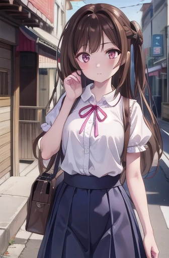 mizuharachizuru, Chizuru Ichinose, Long Hair, bangs, Brown Hair, (Brown eyes:1.5), One side up, smile,
break skirt, shirt, Short sleeve, Puff sleeves, puffy Short sleeve, White Skirt, pink shirt,
break outdoors, city, cityscape, crowd, people々,
break looking at viewer, (Cowboy Shot:1.5),
break (masterpiece:1.2), Highest quality, High resolution, unity 8k wallpaper, (figure:0.8), (Beautiful attention to detail:1.6), Highly detailed face, Perfect lighting, Highly detailed CG, (Perfect hands, Perfect Anatomy),Large Breasts