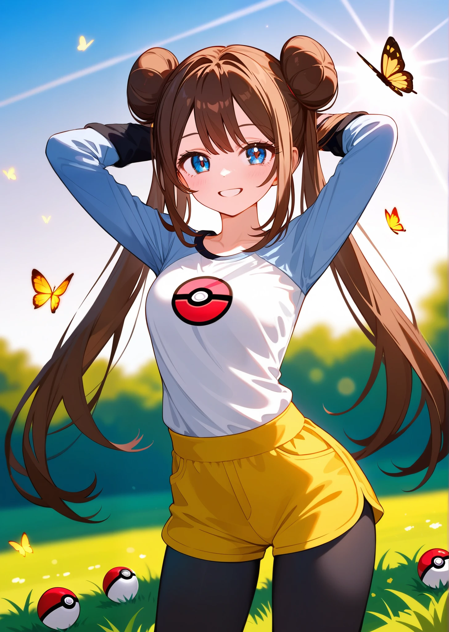 [rosa pokemon], ((masterpiece)), ((HD)), ((high res)), ((cute anime aesthetic)), ((detailed shading)), ((solo portrait)), ((waist up)), ((front view)), {(athletic figure), (brown hair), (twin hair buns), (pigtails), (cute blue eyes), (short eyelashes), (curvy hips), (beautiful toned legs), (cute grin), (excited expression)}, {(white long sleeve shirt with pink pokeball), (black sleeves), (yellow butterfly shorts), (black leggings)}, {(standing), (hands behind head), (looking at viewer)}, [ambient lighting, grass plains, sun rays]