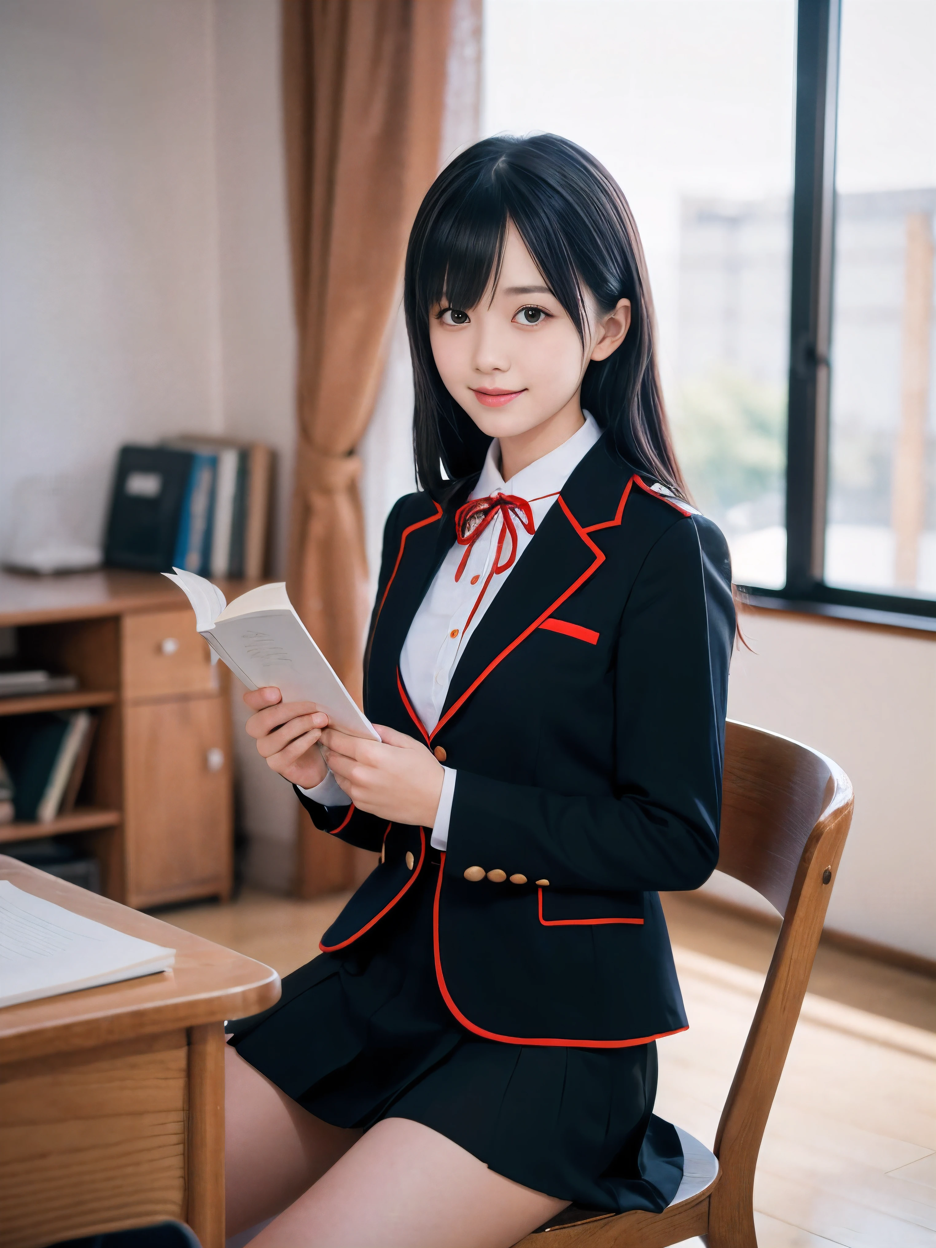 (Portrait of one slender small breasts two side up black medium hair with bangs girl in a black blazer uniform with a red trimmed collar and black skirt:1.5)、(A girl is reading the book on the chair at the desk and writing words on the notebook with small smile in the classroom of high school in Japan:1.5)、(Uniform with a black blazer and a skirt with a red edging collar:1.5)、(blurred background:1.5)、(Natural light:1.5)、(8k ultra detailed master piece:1.5)、(perfect anatomy:1.5)、(Photorealistic stick:1.5)、(Raw photo:1.3)、(highest quality:1.5)、(High resolution:1.3)、(Delicate and beautiful perfect face:1.3)、(Delicate and beautiful eye air skin:1.3)、(Real Human Skin:1.3)、((thin legs))
