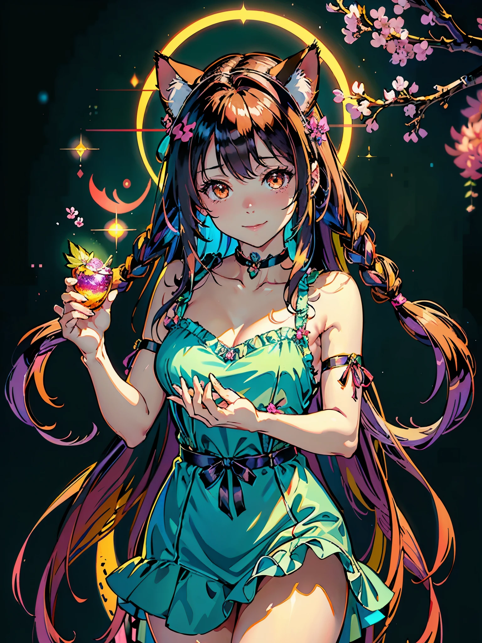 (highest quality, masterpiece, High resolution)、(anime art)、bright light、brown eyes (3-color cat costume)、(Cat ear)、long hair、hair ornaments、choker、Cute face details、enchanting smile、small breasts、whole body、Cat jarashi、Crackers popping、 Decoration、((sakura tropical background))、teal dress