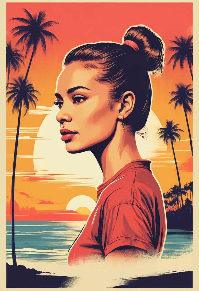 retro_t-shirt, female face in profile, raised chin, ponytail, Latin features, with a sunset in the background, beach and palm trees, flat, frame, (Square:1.1), (white outline:1.2)