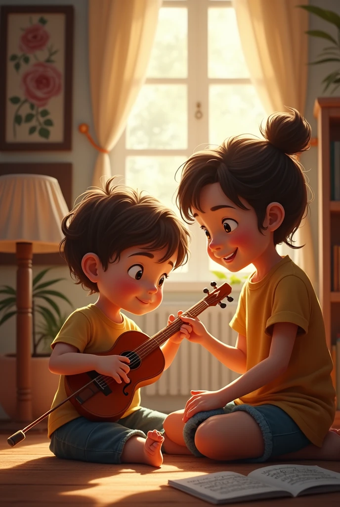 generate an image of 2 people learning to play a musical instrument