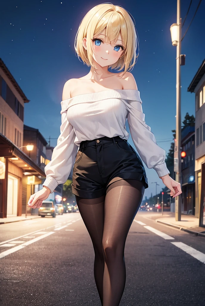An ultra-high picture quality,2D Anime Style、Beautiful blue eyes,(Talented lo-fi:1.3),breasts are slightly larger、short blond hair,A cool adult woman with a crisp expression,formal fashion style,White tops,Short pants,Wear black tights,Wear a long black coat,walking in city,European-style cityscape,
