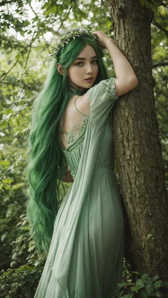 In a lush, sunlit garden full of blooming flowers, the model is seen wearing a flowing bohemian dress with pastel floral patterns. Her green hair is styled in loose waves, adorned with small flower clips.  masterpiece 8k photo realistic
