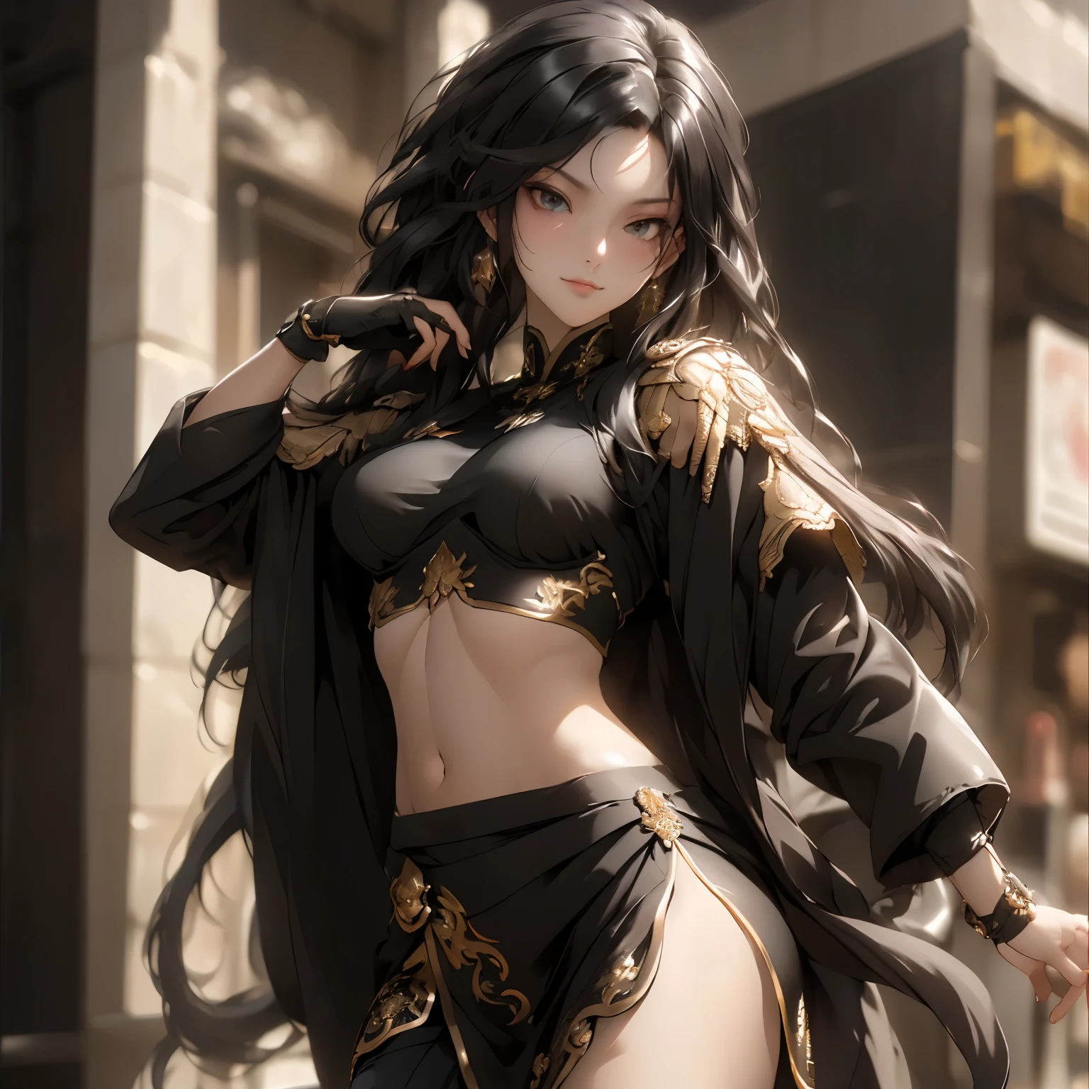 woman with long black hair, large gold bracelet, red mini blouse, exposed belly, red mini skirt with belt and ankle boots in fighting position. In the background, the city of Detroit with bandits and