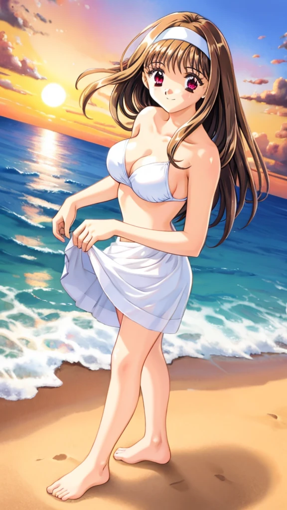 mizuho_yuuki, 1girl, brown hair, red eyes, ((white hairband:1.2)), medium breasts, long hair, white bikini, cute smile, 嘘つき, standing, looking at viewer, (from side, from below, cinematic angle), ( She walked along the beach in the sunset, her bare feet touching the water, the closest she came to seeing that smile.), Skirt Lift, barefoot,　Two Arms, (cinematic angle:1.1),