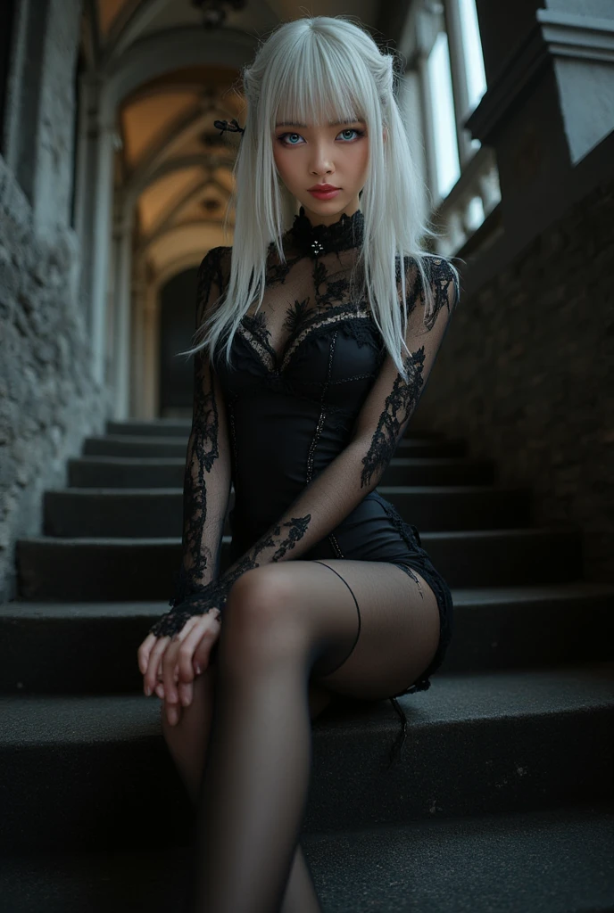 {{{Leg stockings,：Compiled by thin filament lines arranged horizontally}}}，{black stockings},indian style,,full body,from below,high heels,stairs,gothic architecture,,white hair,girl,blue eye,gothic ****ta，,heterochromia golden red,beautiful detailed eyes,