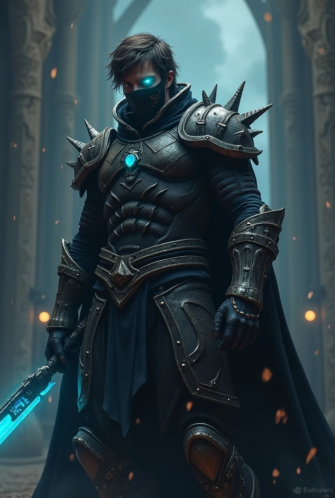 I would like a man completely covered in black khight helmet armor, with a blue glow emanating from the gaps in the armor. The hands of the armor have fingers that resemble claws, and there is a dark aura around him, exuding a great sense of superiority. He will be the god of darkness. I would like a throne behind him and a completely dark place with skulls on the ground. I would like it to be in a mature style, with the art in a fantasy and RPG style set in the Old West