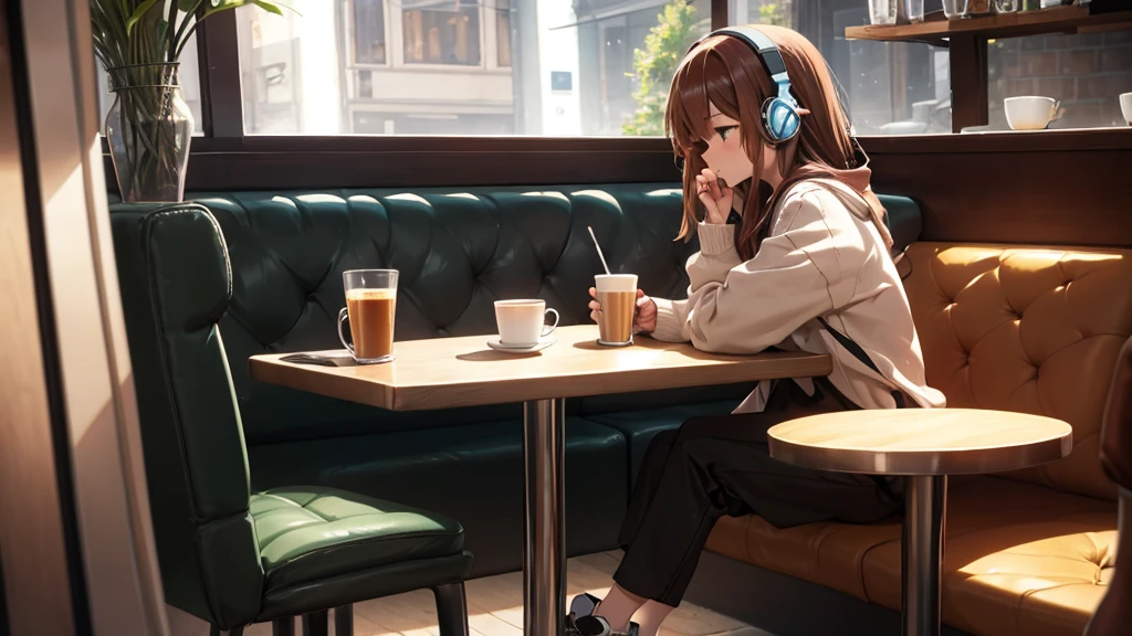 Girl listening to music in a café with headphones, lucking long pants and sneakers.