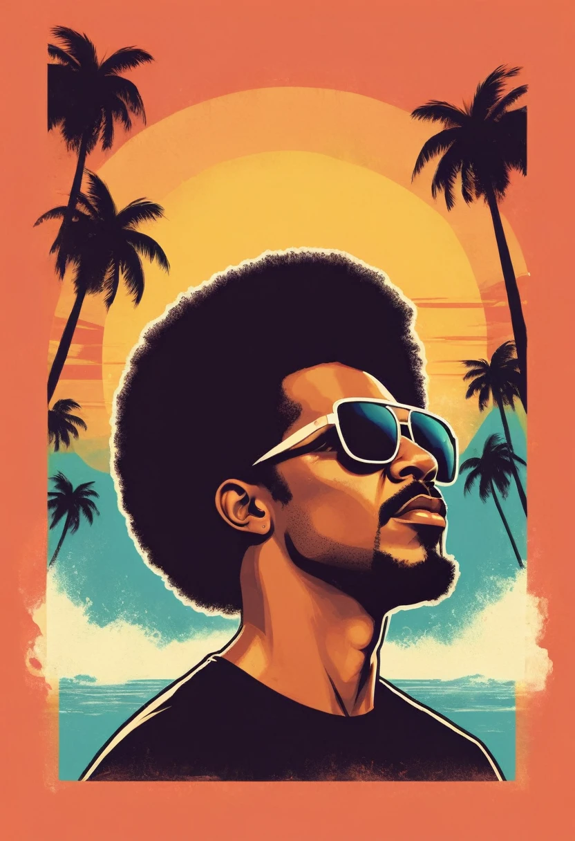 retro_t-shirt, male face in profile, raised chin, afro hair, black man, sunglasses, goatee, tropical, with a sunset in the background, beach and palm trees, flat, frame, (Square:1.1), (white outline:1.2)