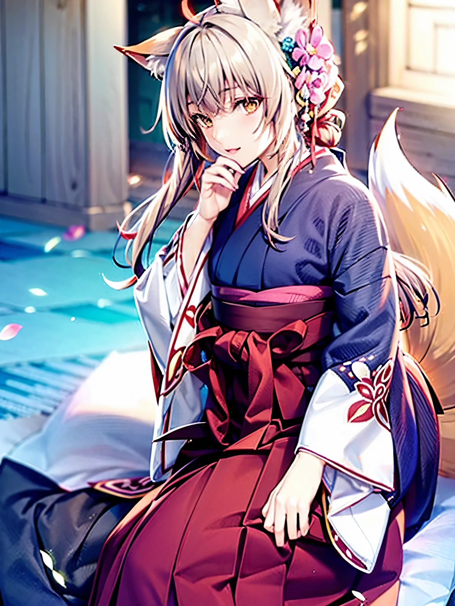 Anime, girl, fox ears, fox tail, big tail, bushy tail, big ears, hakama, furisode, Japanese town