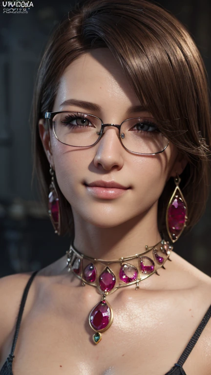 portrait, close-up, upper body. Short, Red hair, Red Eyes, glasses with metal frames, red bra, cheerful smile, happy girl . (masterpiece, top quality, Best quality, official art, beautiful and aesthetically pleasing:1.2), extremely detailed,(fractal art:1.2),Colorful,The most detailed, (dynamic pose), (jewelry background:1.5), (Lots of ruby:1.4). ((SPLIT. Skin texture, Shiny skin. elegance. photorealism. unreal engine. 3D model. Ultra high quality textures. high detail. permission 8k))