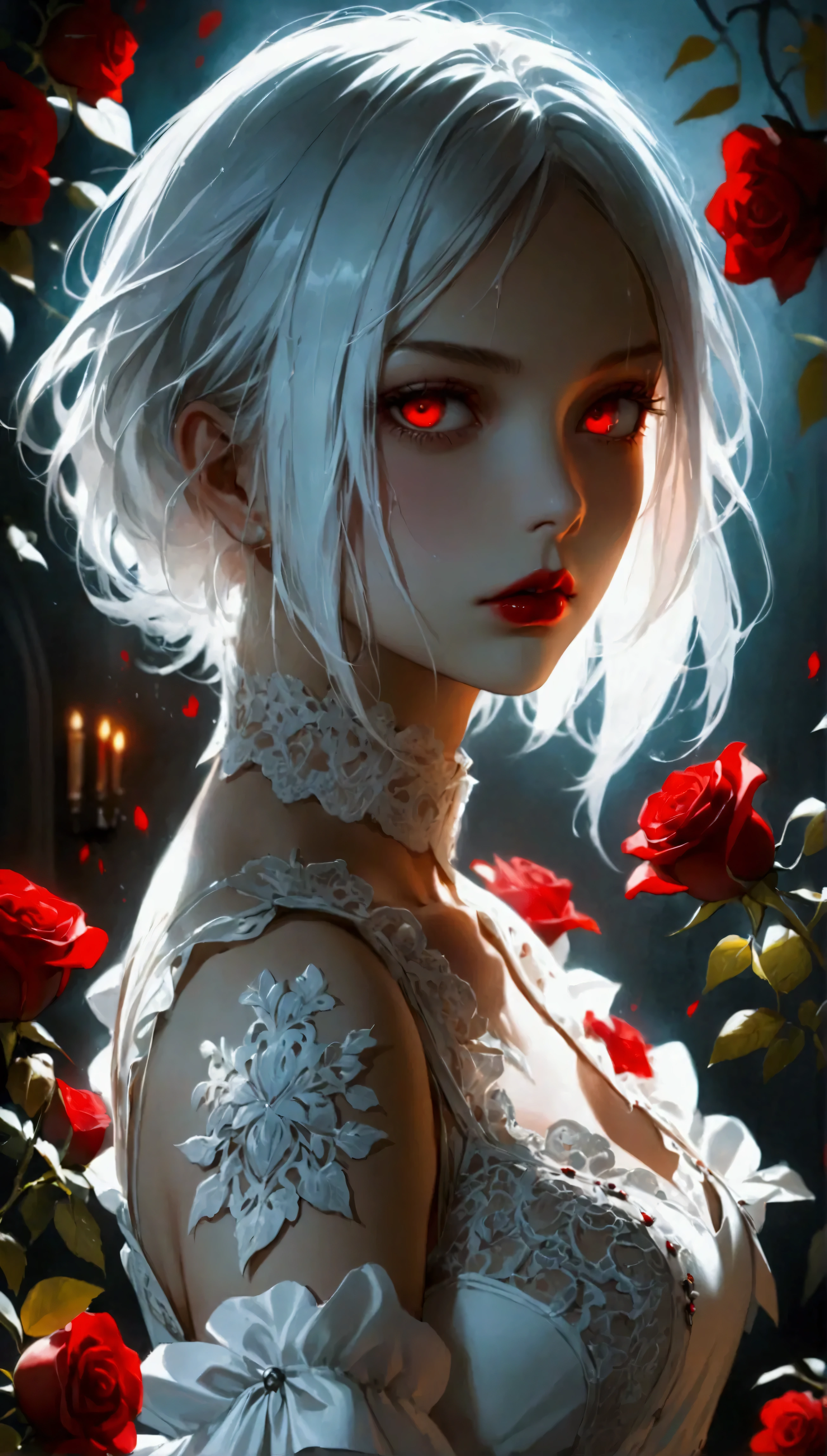 A striking female vampire stands against a dark, shadowy background. She has short, sleek white hair and glowing red eyes that pierce through the darkness. Her lips are wet with red stains, a sign of her recent feeding. She is dressed in an elegant, gothic white dress adorned with intricate lace details and vibrant red roses, which contrast sharply with the eerie atmosphere. The image captures the eerie beauty and deadly allure of the vampire, with every detail rendered in high fidelity and ultra quality. The overall composition is a masterpiece of visual delight, worthy of an award-winning digital artwork.