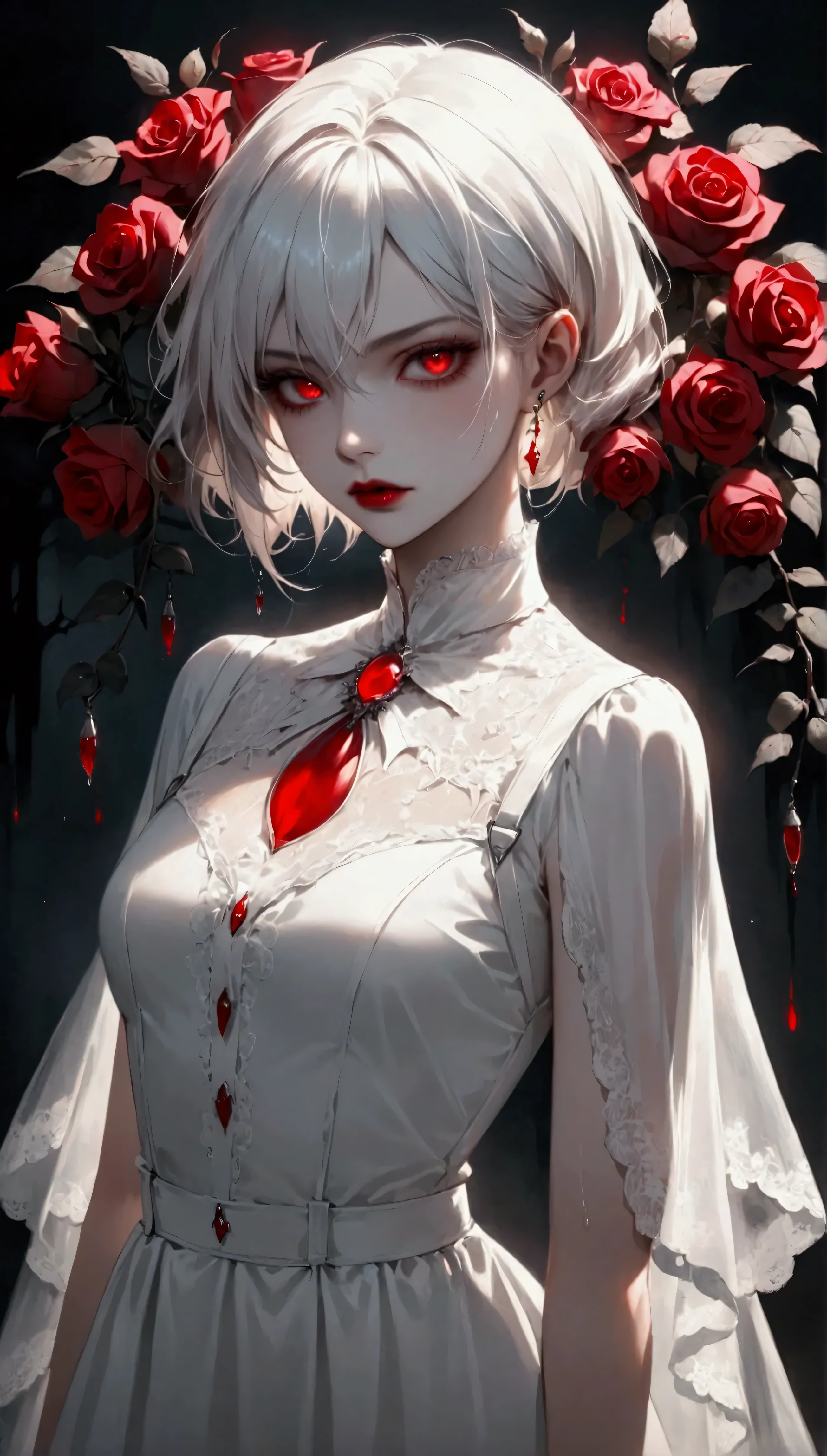 A striking female vampire stands against a dark, shadowy background. She has short, sleek white hair and glowing red eyes that pierce through the darkness. Her lips are wet with red stains, a sign of her recent feeding. She is dressed in an elegant, gothic white dress adorned with intricate lace details and vibrant red roses, which contrast sharply with the eerie atmosphere. The image captures the eerie beauty and deadly allure of the vampire, with every detail rendered in high fidelity and ultra quality. The overall composition is a masterpiece of visual delight, worthy of an award-winning digital artwork.