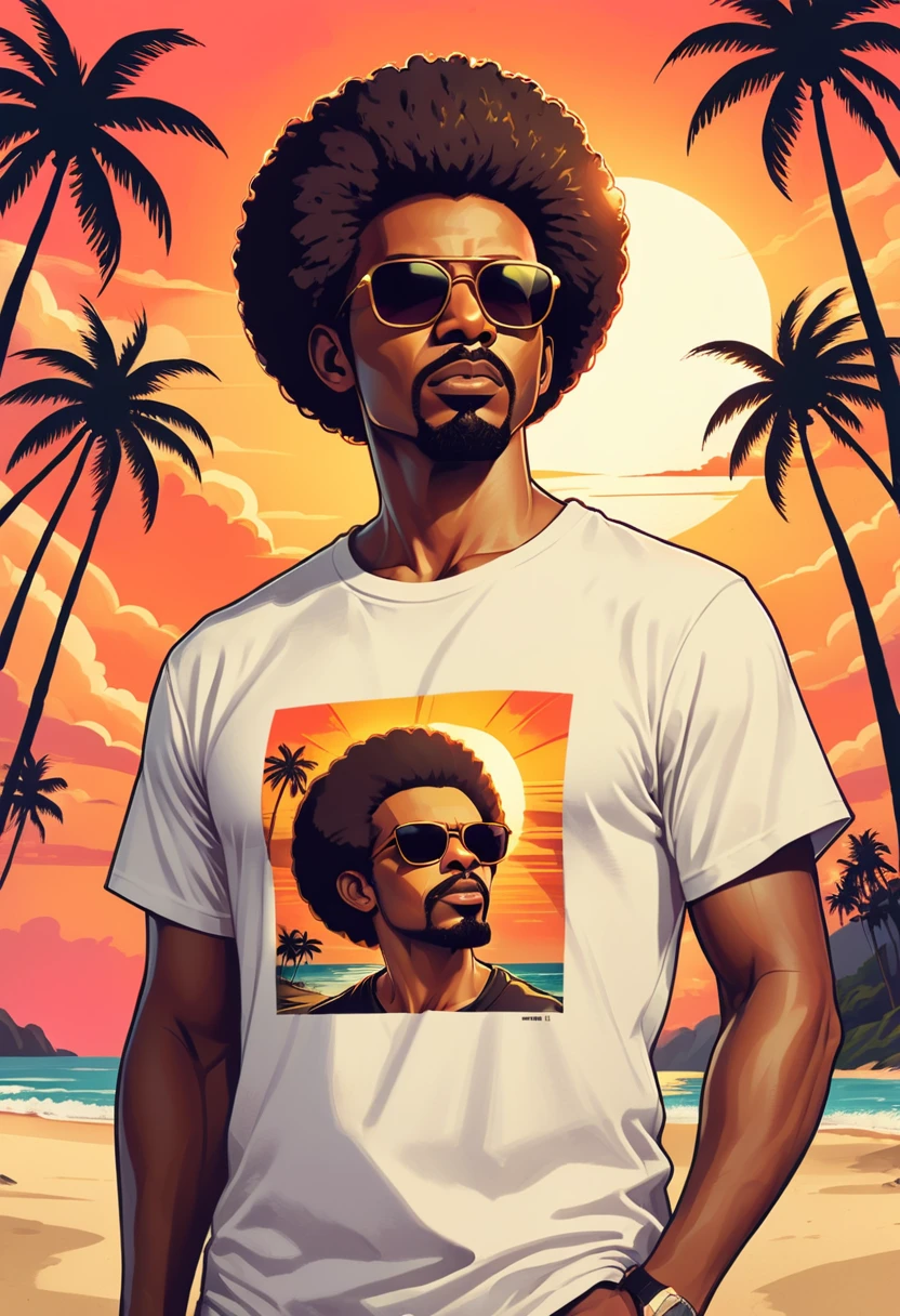 retro_t-shirt, male face in profile, raised chin, afro hair, black man, sunglasses, goatee, tropical, with a sunset in the background, beach and palm trees, flat, frame, (Square:1.1), (white outline:1.2)