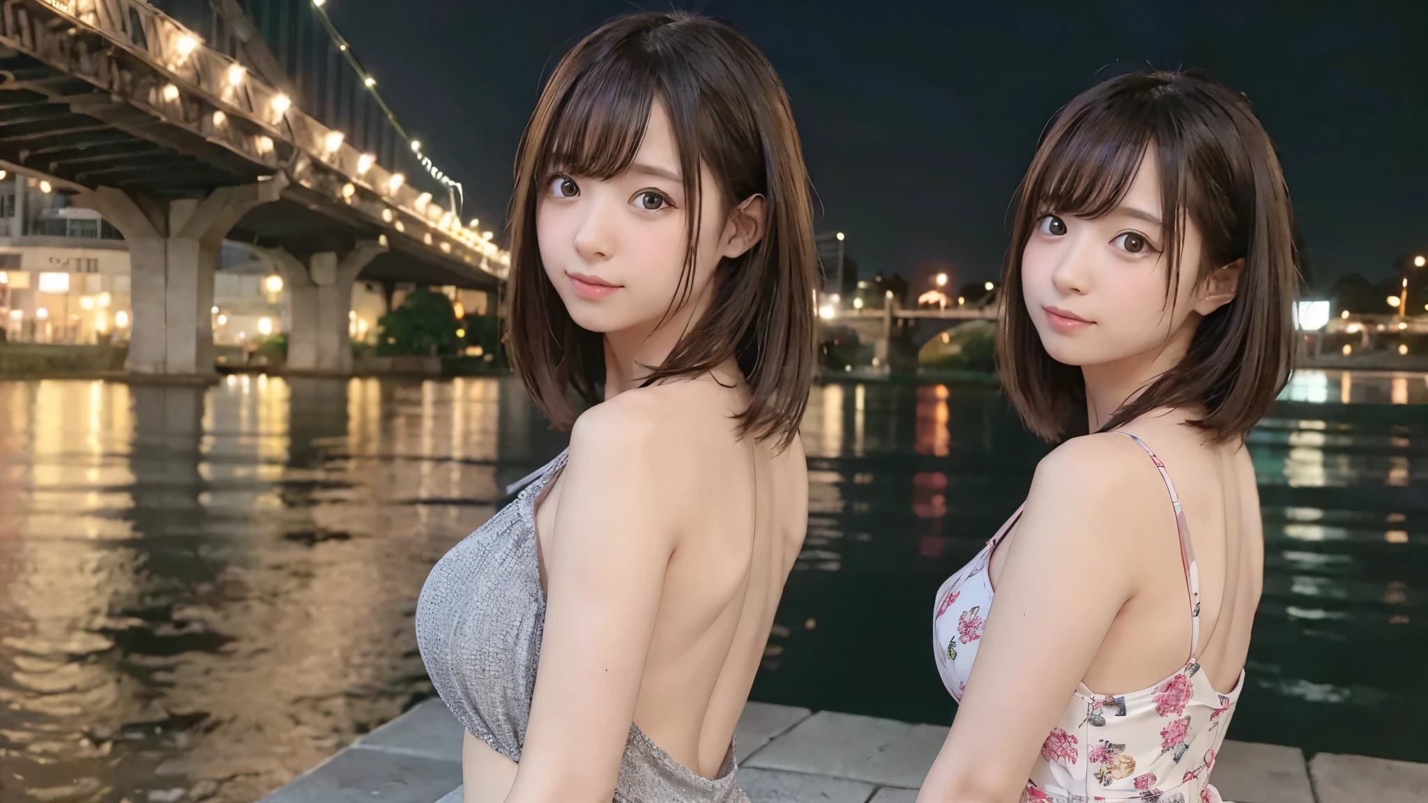 8K, RAW Photo, Best Quality, Masterpiece, Realistic, PhotoRealistic, Extremely Detailed 8K Wallpaper, Beautifully Detailed Eyes, Finely Detailed Face, 
 BREAK 
Cinematic Lighting, 
 BREAK 
(s-bridge + s-river:1.4), 
 BREAK 
Perfectly Anatomically Correct:1.0, 
 BREAK 
(3 Girls:1.4), (Random Underbuttocks:1.2), Kawaii, 
Middle-teen, Random Smiling, 
Symmetrical Clear Eyes, 
[Round Face, Round Chin], 
Wearing Random October Clothes, 
[Looking Back Viewer Straightly], 
 BREAK 
SFW, Dynamic Shot from Behind Below:1.2, Bokeh:1.0