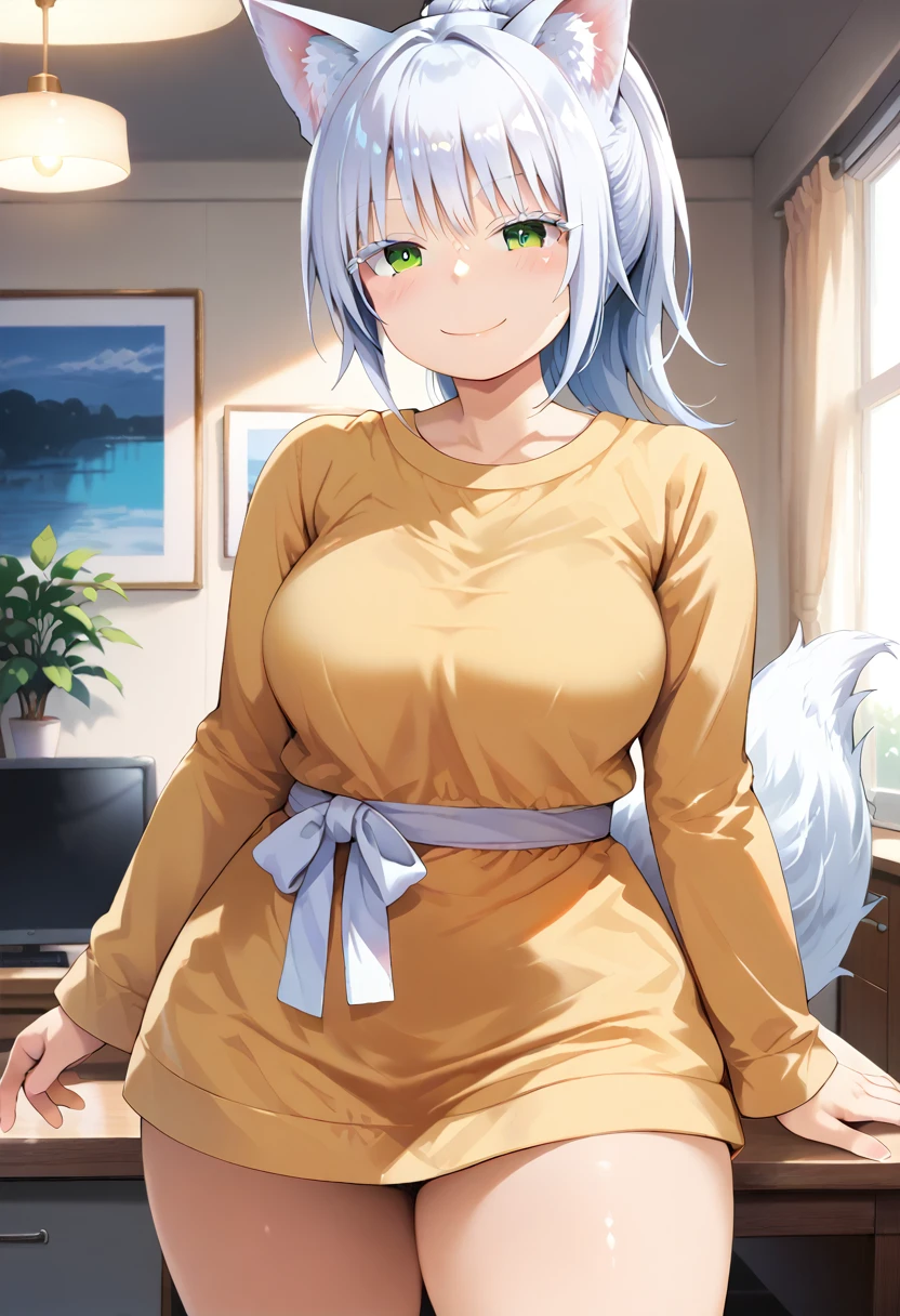 score_9, score_8_up, score_7_up, source_anime, masterpiece, absurdres, perfect face, solo cute expression, perfect face, 1girl, solo, white hair, animal ears, (white eyeliner) ,(green eyes), (white eyeshadow), (white eyelashes), FujisakaLP, bangs, long hair, wolf ears, wolf tail, wide thighs, wide hips, smiling,(mature woman), (big breasts:0.8), best quality, ultra high res, ponytail, extremely detailed face, perfect lighting, ultra high res, ultra detailed, nancy1, looking at viewer, living room, smile, blush, standing, close up view, saekonq