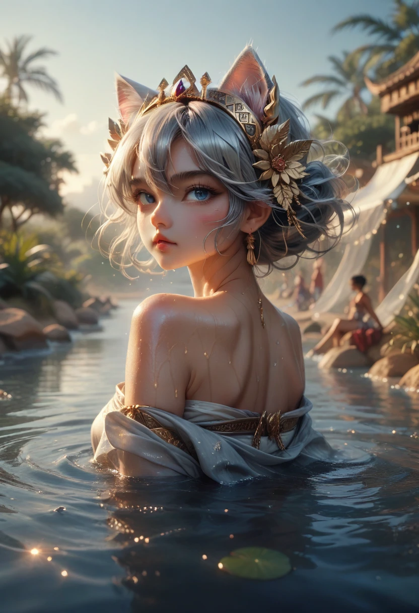 masterpiece, High quality anime illustrations, super detailed, One girl, just concentrate, beautiful girl with silver hair and cat ears, Anime change,  with cat ears, Emphasis on the hips, good Bastet, swimming in a desert oasis, wet