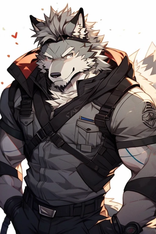 A Focused on Top Body And Right Side Body Picture of A Very Muscular Furry style Gray Wolf. he is wearing Full Long Green Soldier military Suit outfit. He is looking at the viewer. The background is just color white. His hair is spikey and messy. He have A gray hair. He have a little smile with blushes on his face in shyness. He have a very long tail. he have gray eyes. his both hand is in his pockets. he is standing in the background, his mouth is little open