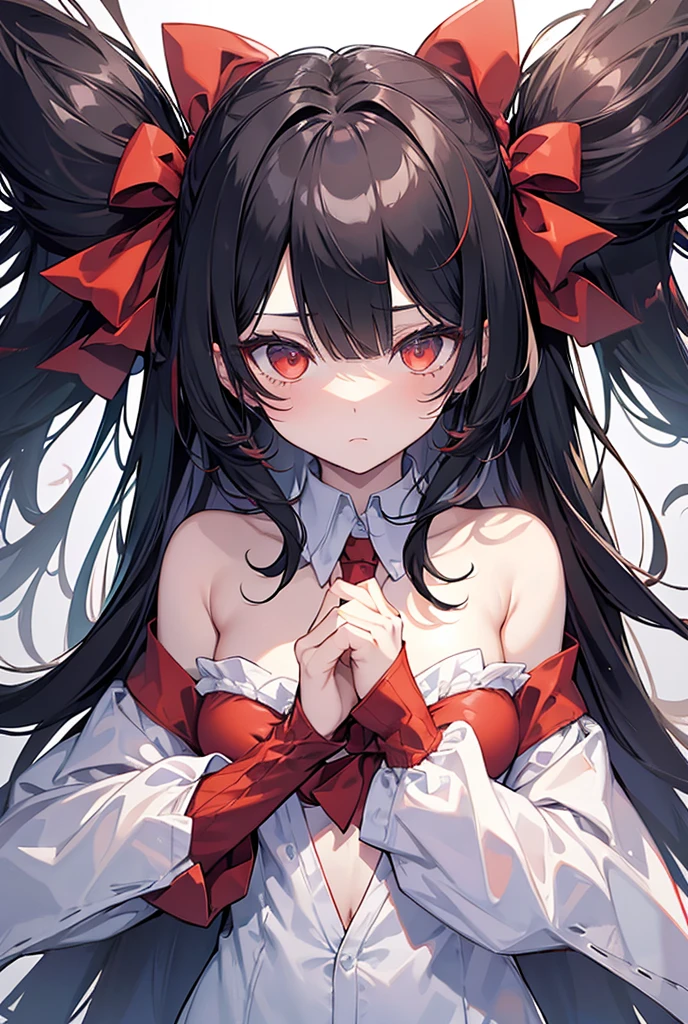 One girl, solo, High resolution, chest, Look at, bangs, Black Hair, Red eyes, ribbon, Twin tails, ribbonヘアアクセサリー, High resolution, Bangs, Tsundere, Simple Background, Character portrait, anime風, anime, Smooth Hair、Gentle hair、Bangs, Shiny Hair, White skin、Expressionless、Slanted Eyes, Fair skin、whole body、