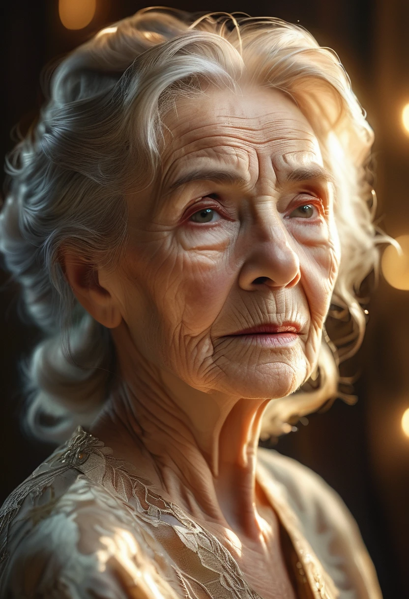 a beautiful elderly woman, detailed portrait, soft rim lighting, glowing hair, cinematic photography, 4k, highly detailed, photorealistic, dramatic lighting, elegant expression, thoughtful gaze, wrinkled skin, delicate facial features, intricate hair strands, studio lighting, sharp focus, vivid colors, natural skin tones, seamless blend, masterpiece