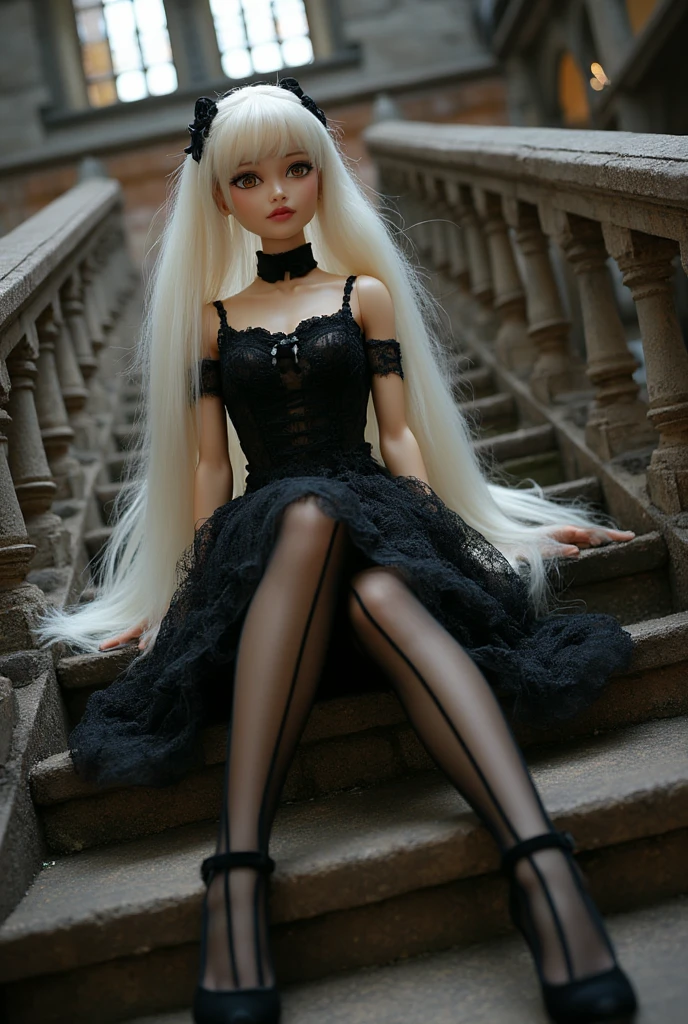 (masterpiece, Best quality: 1.2), 1twintails barbie doll,doll，Colloid，{{{Leg stockings,：Compiled by thin filament lines arranged horizontally}}}，{black stockings},indian style,,full body,from below,high heels,stairs,gothic architecture,,white hair,girl,blue eye,gothic ****ta，,heterochromia golden red,beautiful detailed eyes,