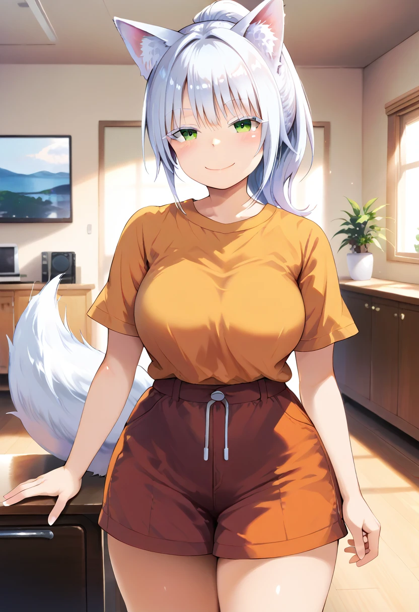 score_9, score_8_up, score_7_up, source_anime, masterpiece, absurdres, perfect face, solo cute expression, perfect face, 1girl, solo, white hair, animal ears, (white eyeliner) ,(green eyes), (white eyeshadow), (white eyelashes), FujisakaLP, bangs, long hair, wolf ears, wolf tail, wide thighs, wide hips, smiling,(mature woman), (big breasts:0.8), best quality, ultra high res, ponytail, extremely detailed face, perfect lighting, ultra high res, ultra detailed, nancy1, looking at viewer, living room, smile, blush, standing, close up view, saekonq