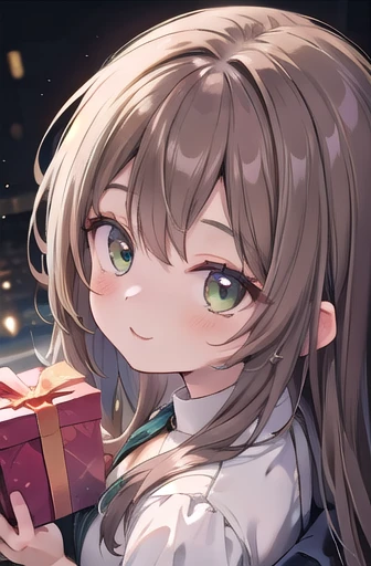 (masterpiece), best quality, ultra high res, sharp focus, mls, medium close up, from above angle, a beautiful woman, brunette brown hair, long smooth flowing hair, looks at the viewer, facing to viewer, green eyes, smiles, holds a gift for viewer,大きい胸