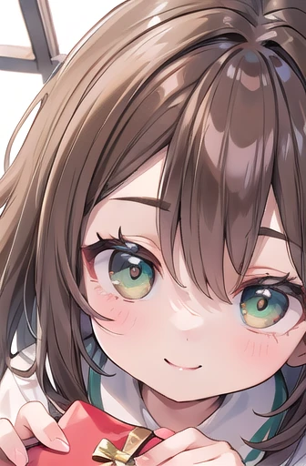 (masterpiece), best quality, ultra high res, sharp focus, mls, medium close up, from above angle, a beautiful woman, brunette brown hair, long smooth flowing hair, looks at the viewer, facing to viewer, green eyes, smiles, holds a gift for viewer,大きい胸