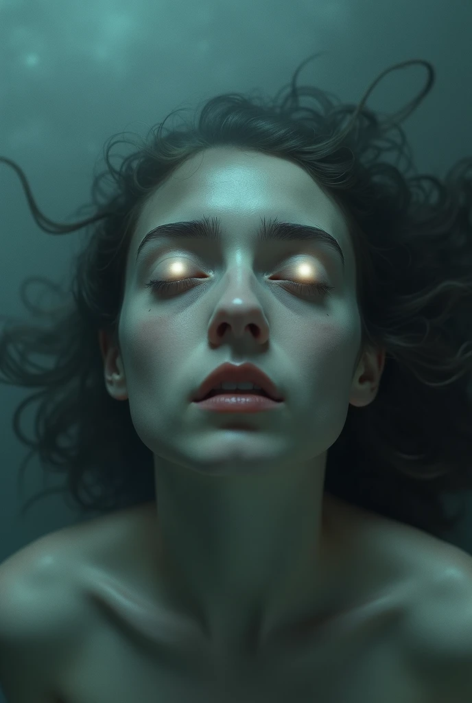 A mesmerizing, hyper-realistic masterpiece by Esao Andrews featuring a unique girl morphine shark creature like no other. The sharkgirl, with her slender, bioluminescent body, is a stunning sight to behold, adorned with multi-colored neon dots that glow brilliantly. Her translucent skin reveals her complex internal structure, while her small, round appendages function as arms, tenderly embracing her otherworldly fish-like face. Esao Andrews' exceptional artistic skills transport the viewer into a world of wonder and mystique, where this enigmatic creature captivates the imagination.