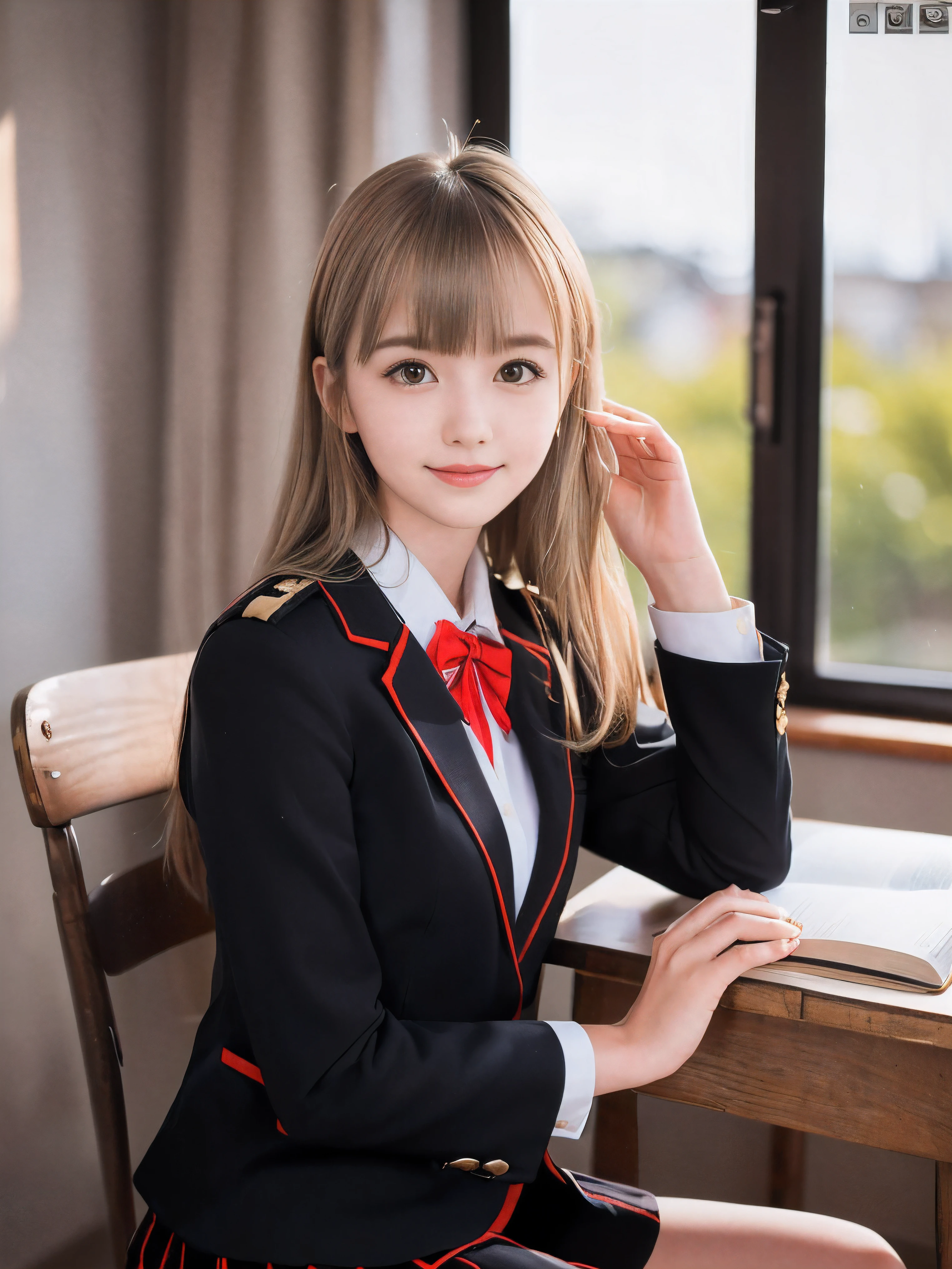 (Portrait of one slender small breasts half up blonde long hair with bangs girl in a black blazer uniform with a red trimmed collar and black skirt:1.5)、(A blonde hair girl is reading the book on the chair at the desk and writing words on the notebook with small smile in the old classroom of high school in Japan:1.5)、(Uniform with a black blazer and a skirt with a red edging collar:1.5)、(blurred background:1.5)、(Natural light:1.5)、(8k ultra detailed master piece:1.5)、(perfect anatomy:1.5)、(Photorealistic stick:1.5)、(Raw photo:1.3)、(highest quality:1.5)、(High resolution:1.3)、(Delicate and beautiful perfect face:1.3)、(Delicate and beautiful eye air skin:1.3)、(Real Human Skin:1.3)、((thin legs))
