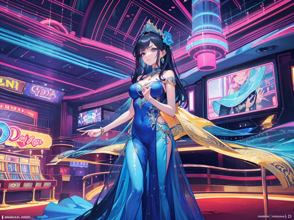 Beautiful indian woman in a casino, Playing Card, elegant blue dress,  confident pose,  3D render, hyperrealistic, Pixar style, Casino background,  neon lights