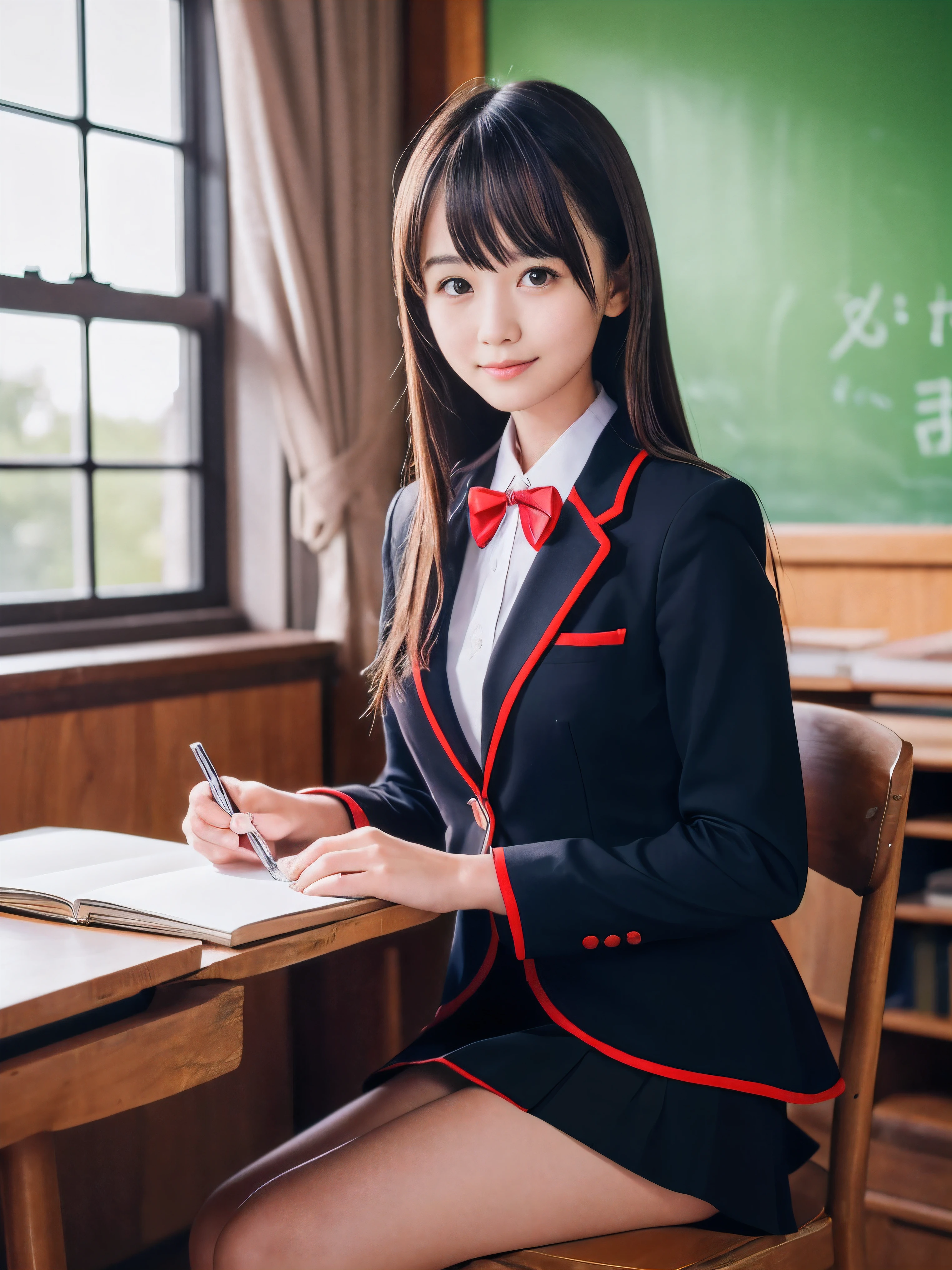 (Portrait of one slender small breasts dark silver long hair with swept bangs girl in a black blazer uniform with a red trimmed collar and black skirt:1.5)、(A girl is reading the book on the chair at the desk and writing words on the notebook with small smile in the old classroom of high school in Japan:1.5)、(Uniform with a black blazer and a skirt with a red edging collar:1.5)、(blurred background:1.5)、(Natural light:1.5)、(8k ultra detailed master piece:1.5)、(perfect anatomy:1.5)、(Photorealistic stick:1.5)、(Raw photo:1.3)、(highest quality:1.5)、(High resolution:1.3)、(Delicate and beautiful perfect face:1.3)、(Delicate and beautiful eye air skin:1.3)、(Real Human Skin:1.3)、((thin legs))
